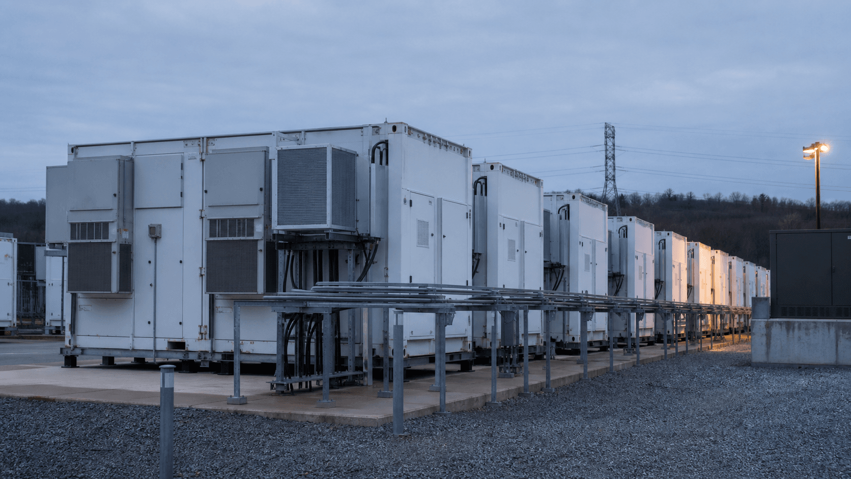 A row of white grid-scale storage containers on concrete plinths at dusk, a transmission tower standing behind them.