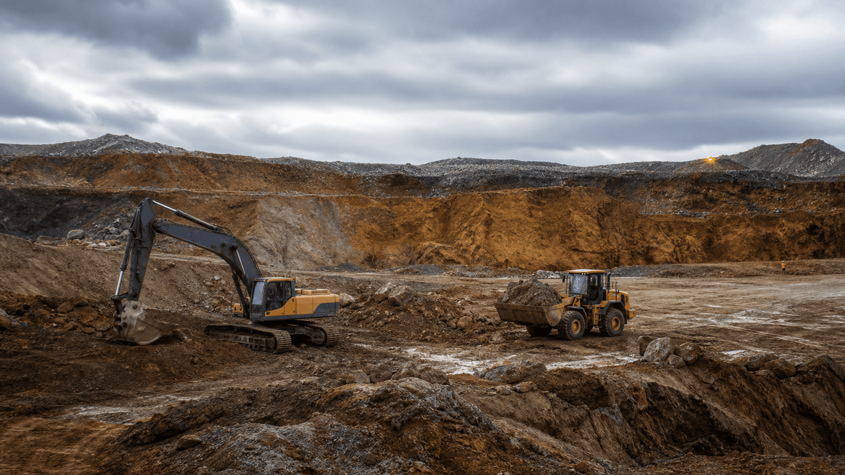 A tracked excavator and a wheel loader working the floor of a wide excavation under heavy cloud, cut rock banked around them.