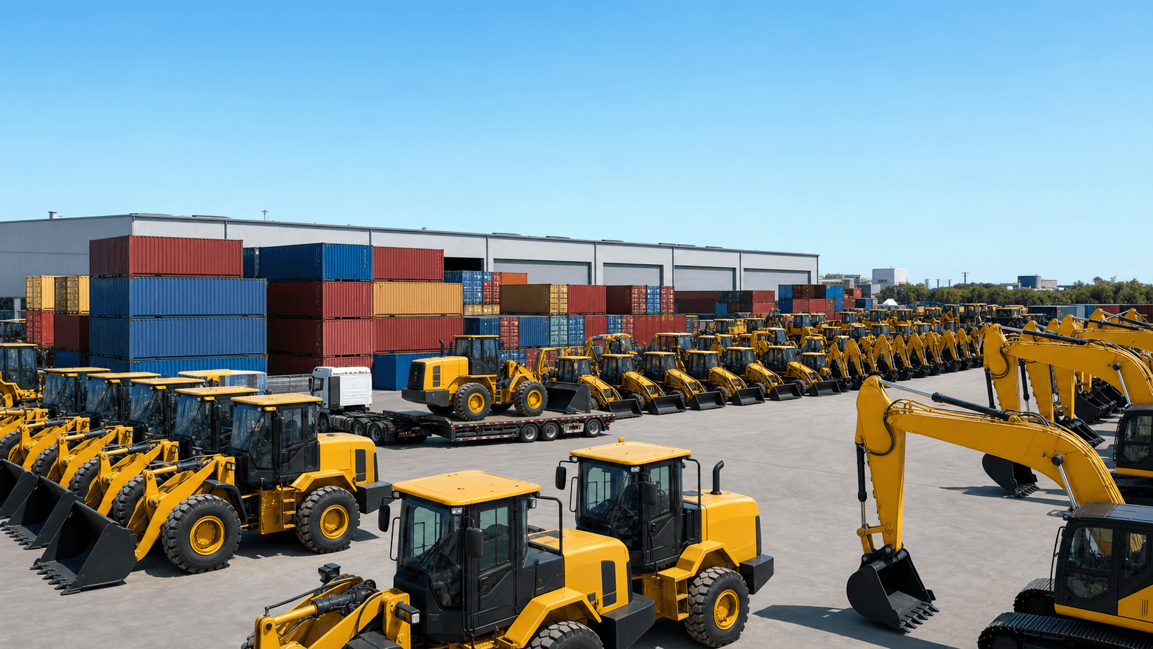 Rows of new wheel loaders and excavators parked in an equipment distribution yard, with stacked shipping containers and a warehouse behind them.