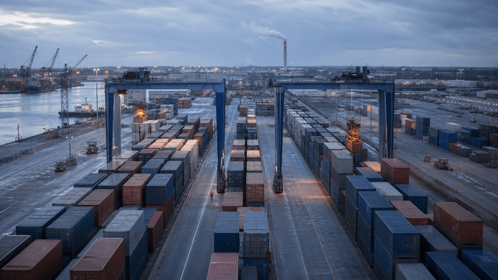 A container terminal at first light: gantry cranes standing over stacked rows, a ship alongside the quay behind them.