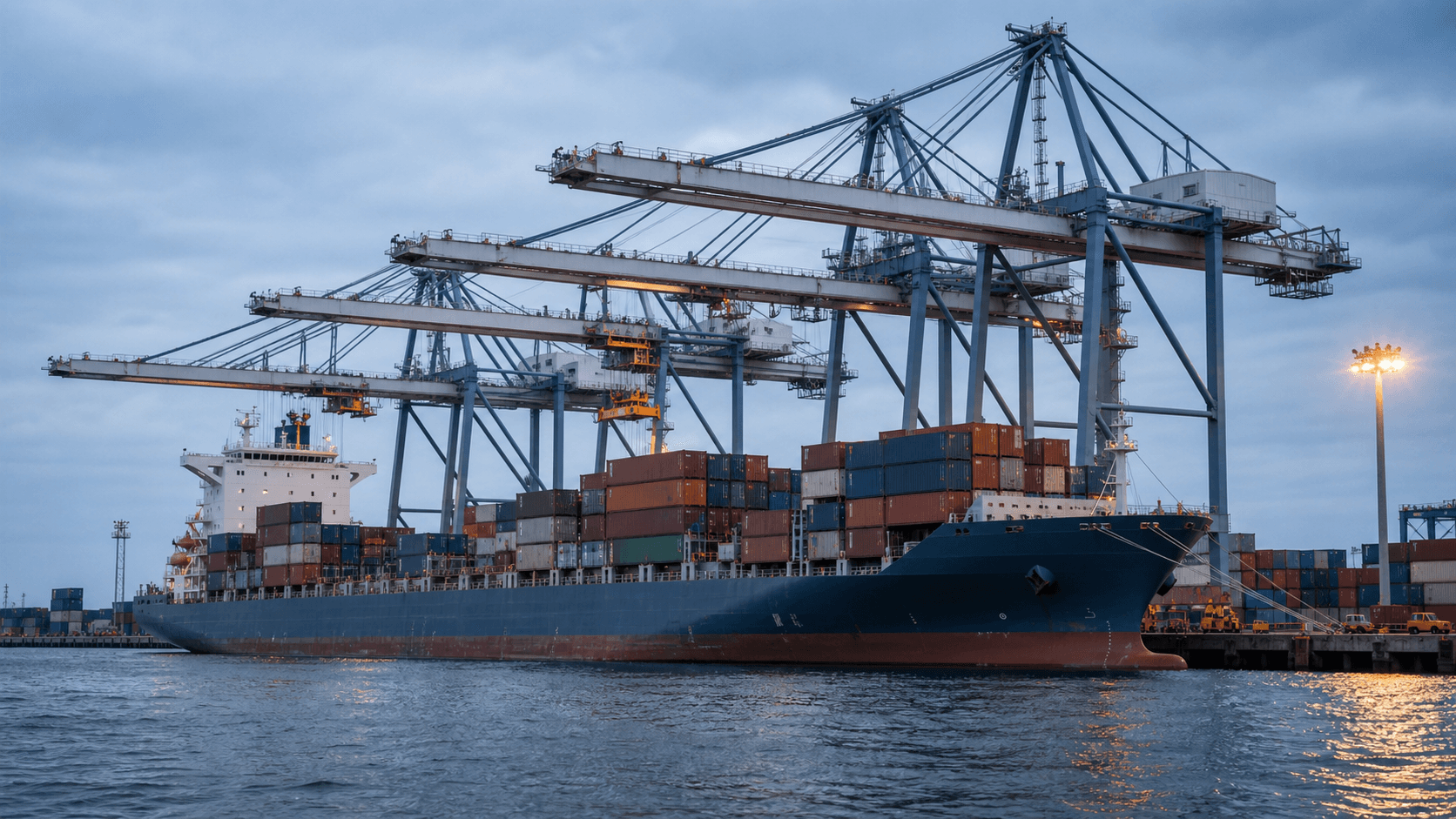 A ship-to-shore gantry crane, stacked containers and storage tanks along a port quay at dusk, blue sky reflected on the water.